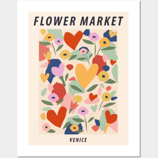 Flower market, Venice, Colorful retro print, Aesthetic poster, Floral art, Valentine, Hearts, Abstract flowers Posters and Art